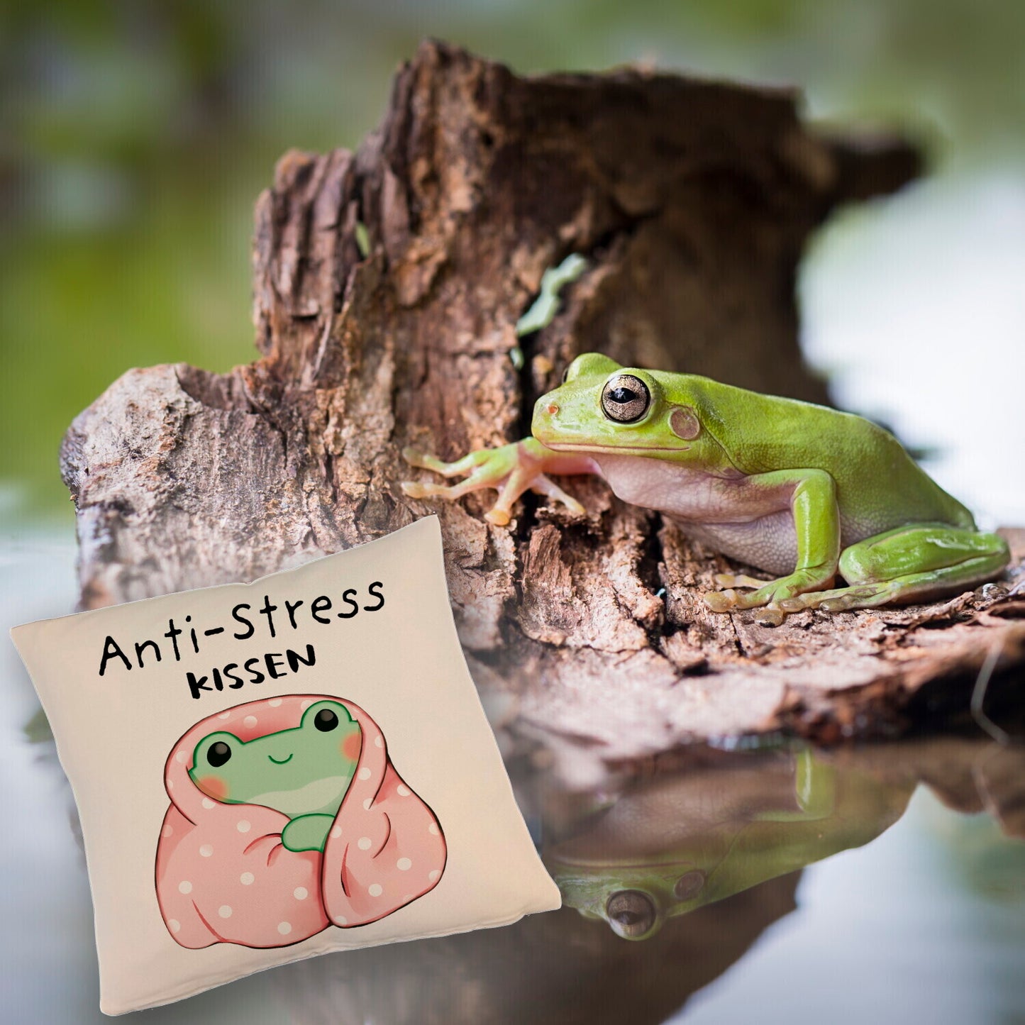 Frosch in rosa Decke Kissen mit Leinenoptik mit Spruch Anti-Stress Kissen mit Leinenoptik