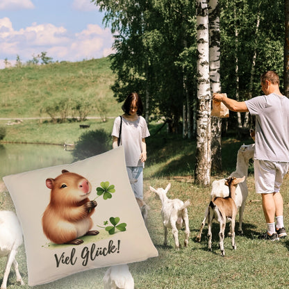 Capybara mit Kleeblatt Kissen mit Leinenoptik mit Spruch Viel Glück