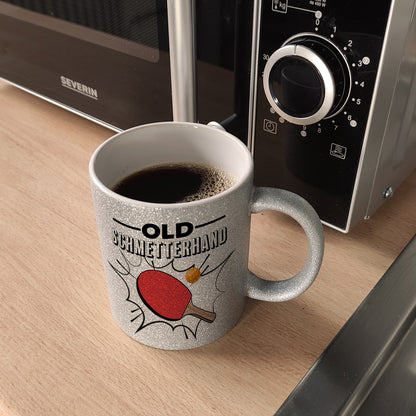 Old Schmetterhand Tischtennis Wortspiel Glitzer-Kaffeebecher