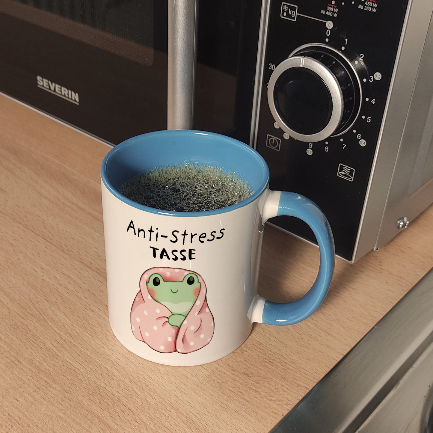 Frosch in rosa Decke mit Spruch Anti-Stress Tasse