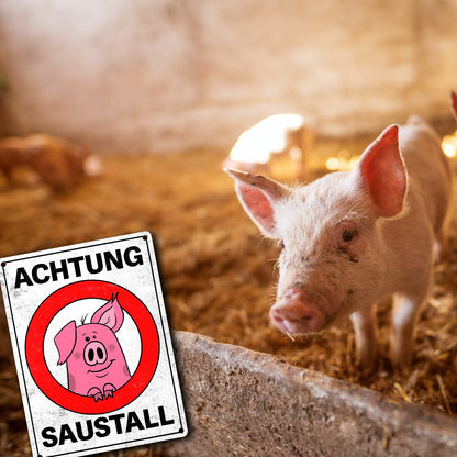 Achtung Saustall Metallschild mit Comic-Schwein