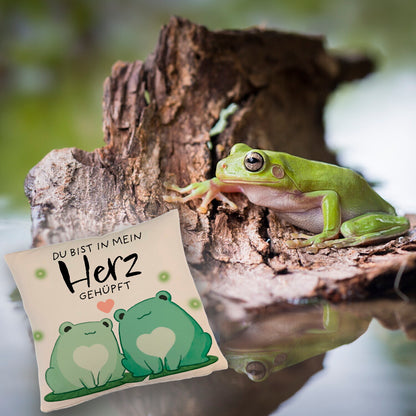 Frosch Kissen mit Leinenoptik mit Spruch Du bist in mein Herz gehüpft