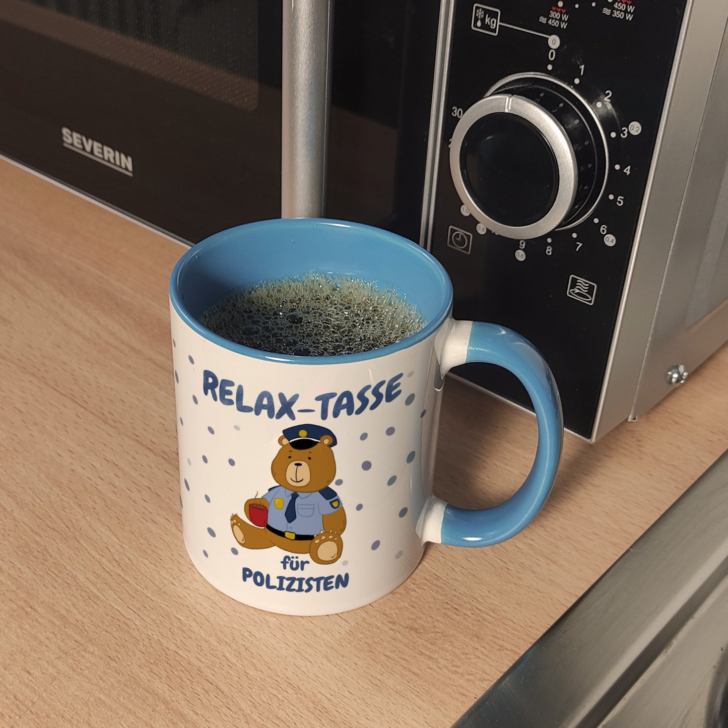 Relax Tasse für Polizisten Kaffeebecher Hellblau mit hübschem Bär-Motiv