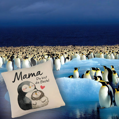 Pinguin Mutter und Kind Kissen mit Leinenoptik mit Spruch Mama du bist die Beste