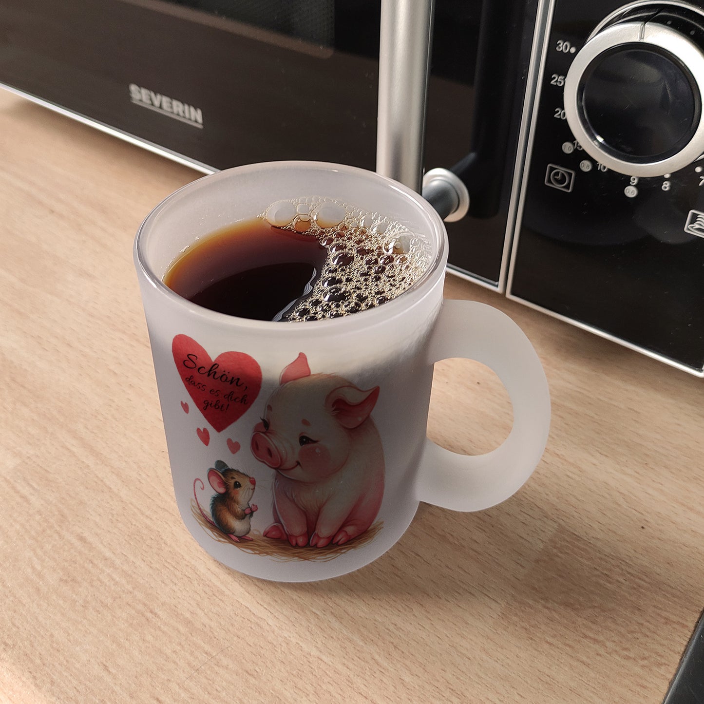 Schwein mit Maus und Herz Glas Tasse mit Spruch Schön dass es dich gibt