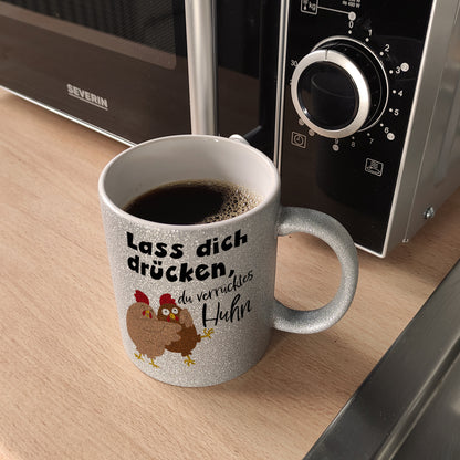 Lass dich drücken, du verrücktes Huhn Glitzer-Kaffeebecher