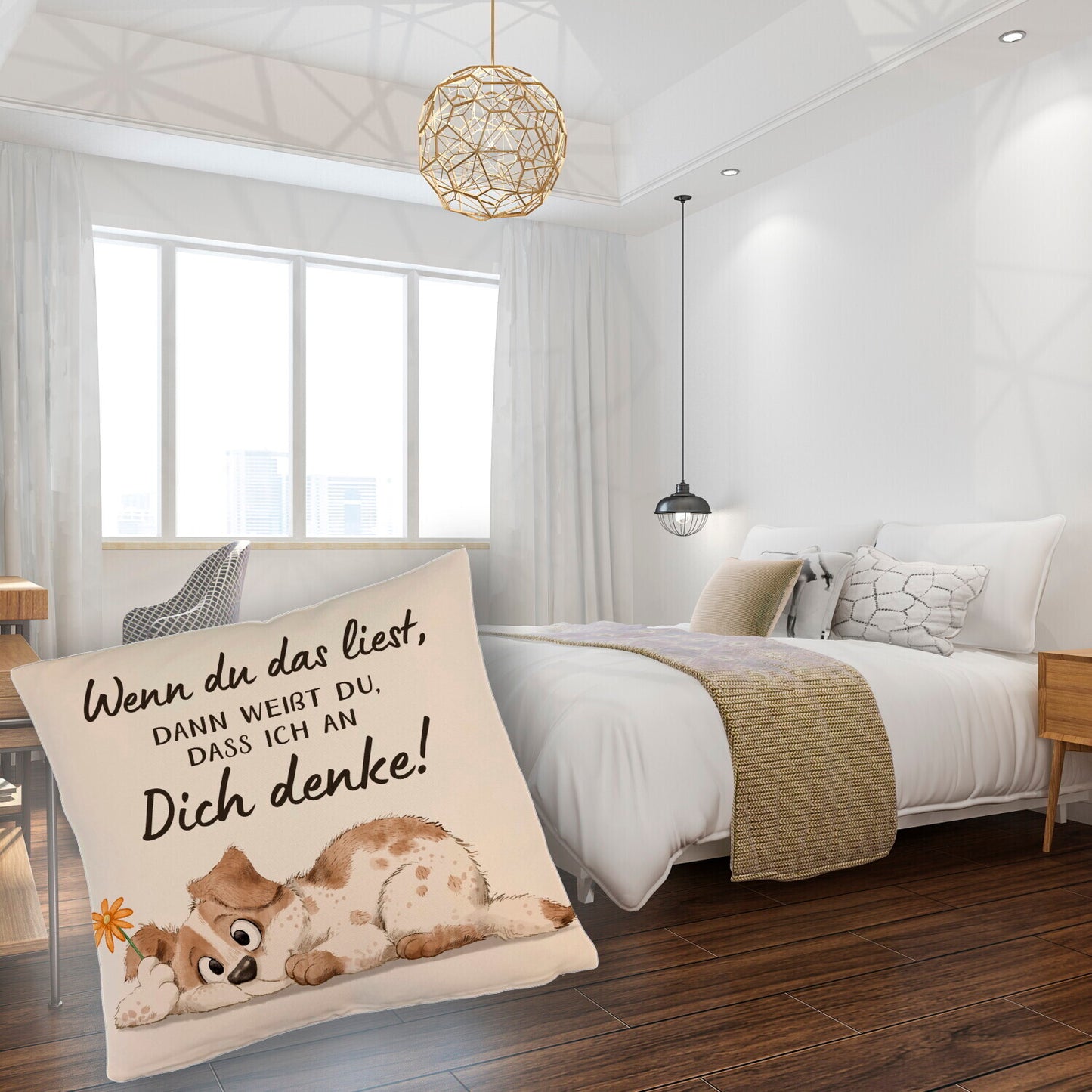 Hund Kissen mit Leinenoptik mit Spruch Ich denke an dich