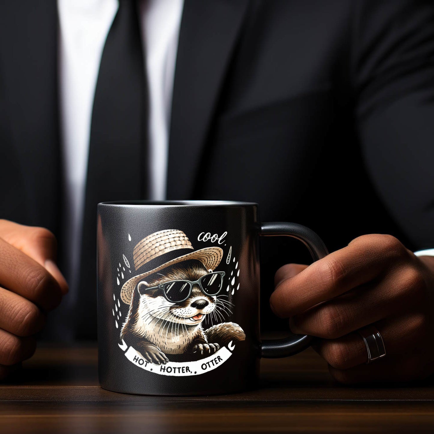 Otter mit Strohhut und Sonnenbrille Tasse in Schwarz mit Spruch Hot Hotter Otter