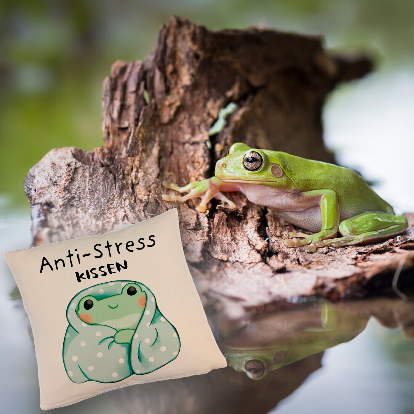 Frosch in blauer Decke Kissen mit Leinenoptik mit Spruch Anti-Stress Kissen mit Leinenoptik