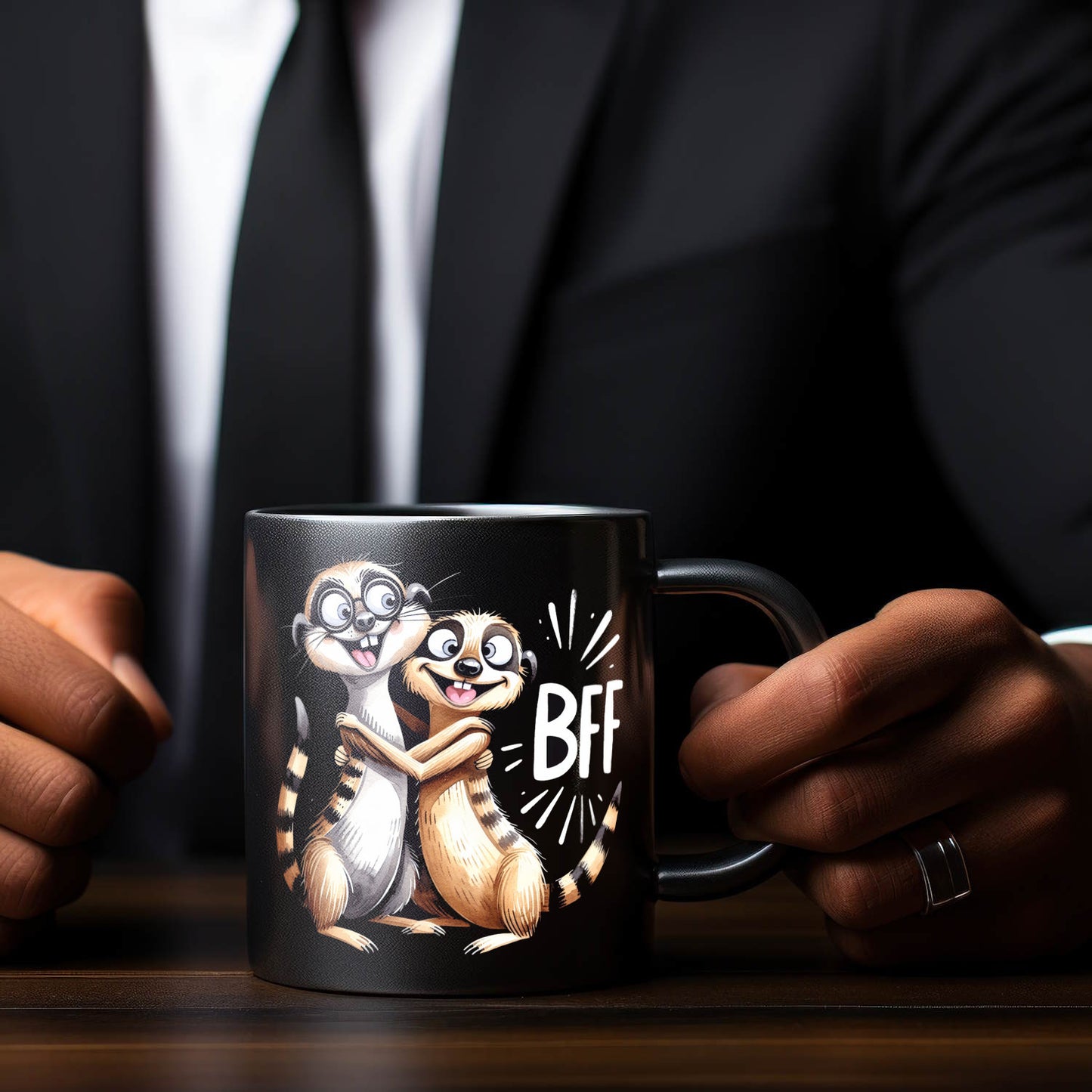 Verrückte Erdmännchen Freundschaft Tasse in Schwarz mit Spruch BFF - Best friends forever