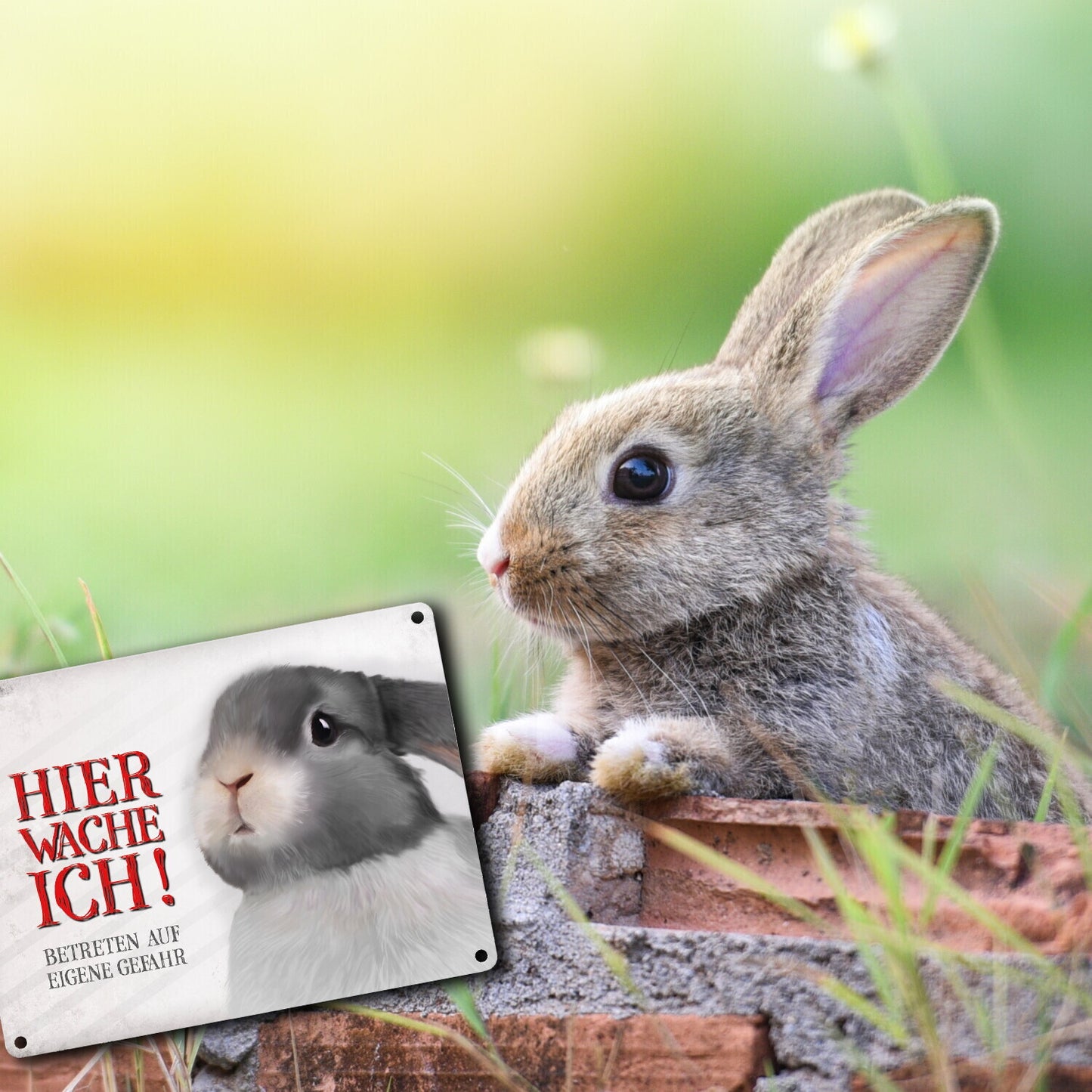 Metallschild mit Hase Motiv und Spruch: Betreten auf eigene Gefahr ...