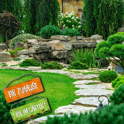 Bin im Garten - Bin Zuhause Wendeschild mit Kordel