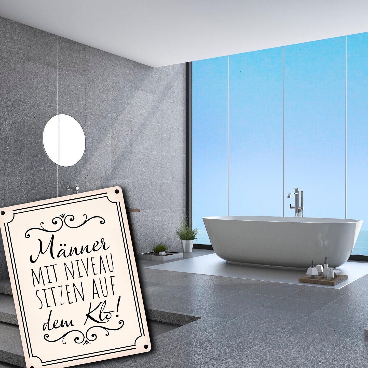 Männer mit Niveau sitzen auf dem Klo Metallschild in 15x20 cm in beige für die Toilette