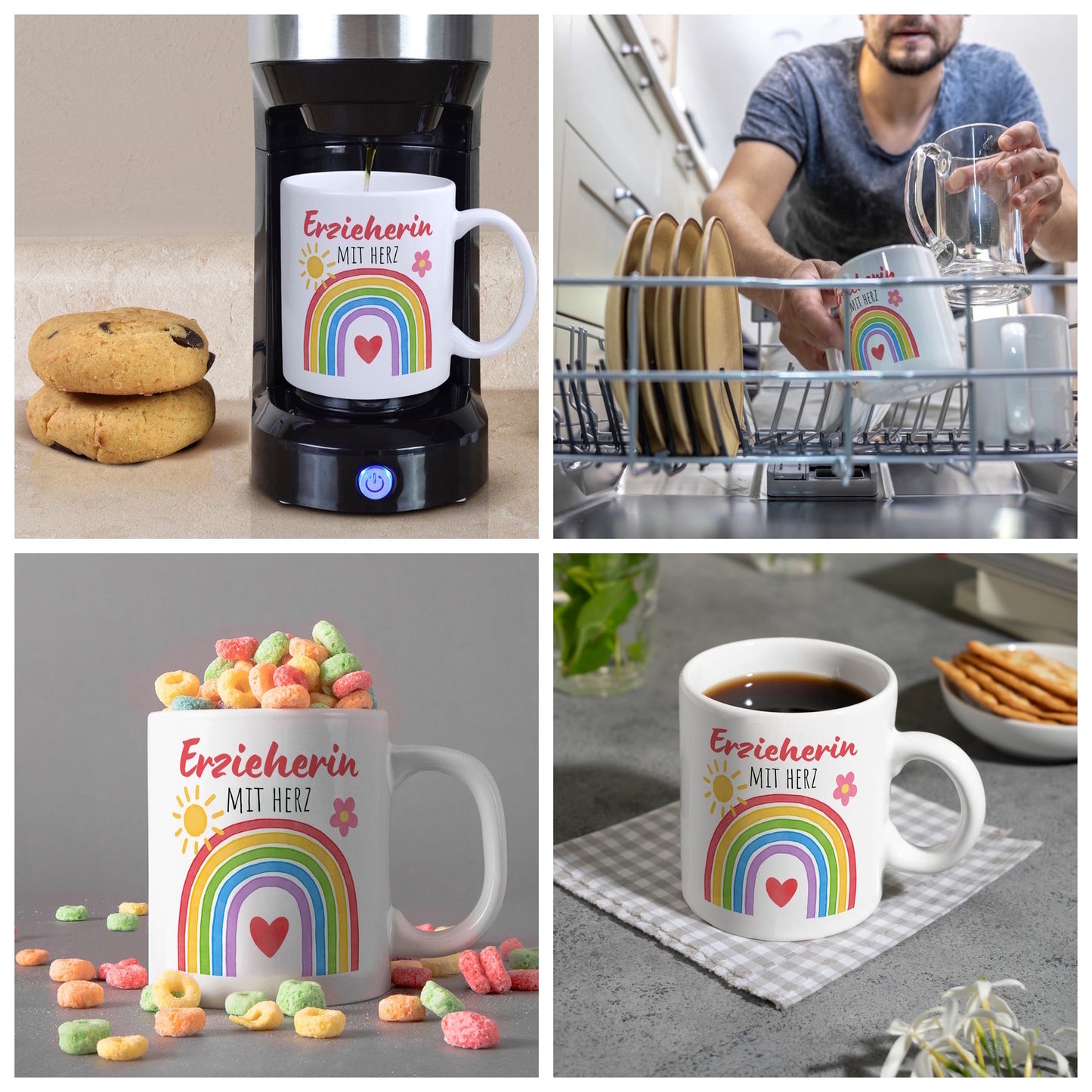 Regenbogen Kaffeebecher mit Spruch Erzieherin mit Herz