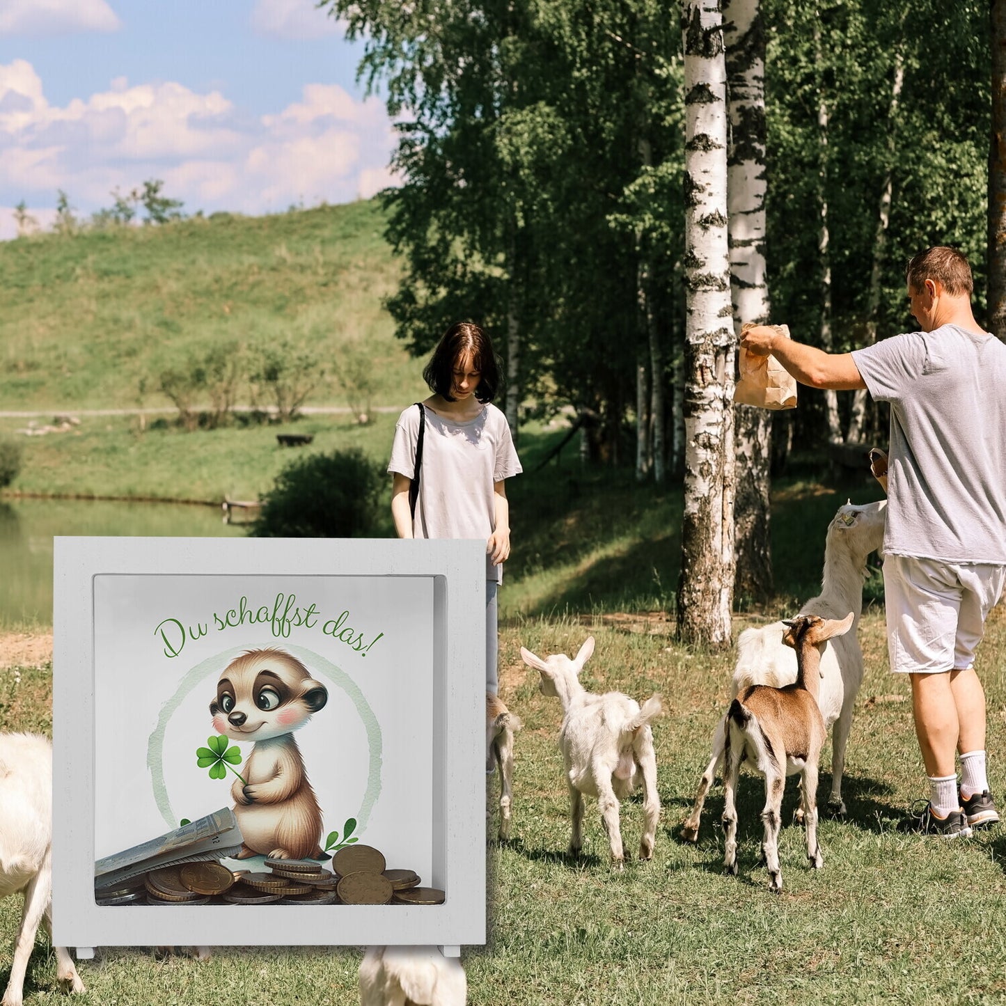 Erdmännchen mit Kleeblatt Rahmen Spardose aus Holz mit Spruch Du schaffst das