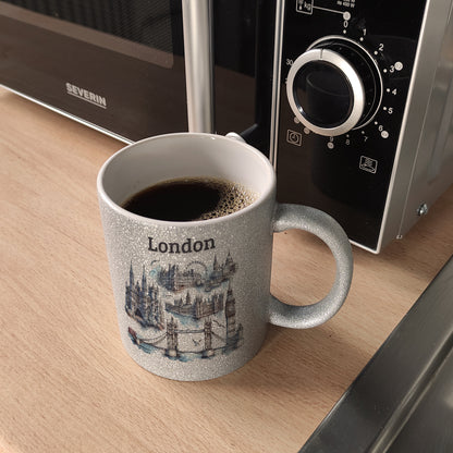 Skyline London Glitzer-Kaffeebecher mit Spruch London