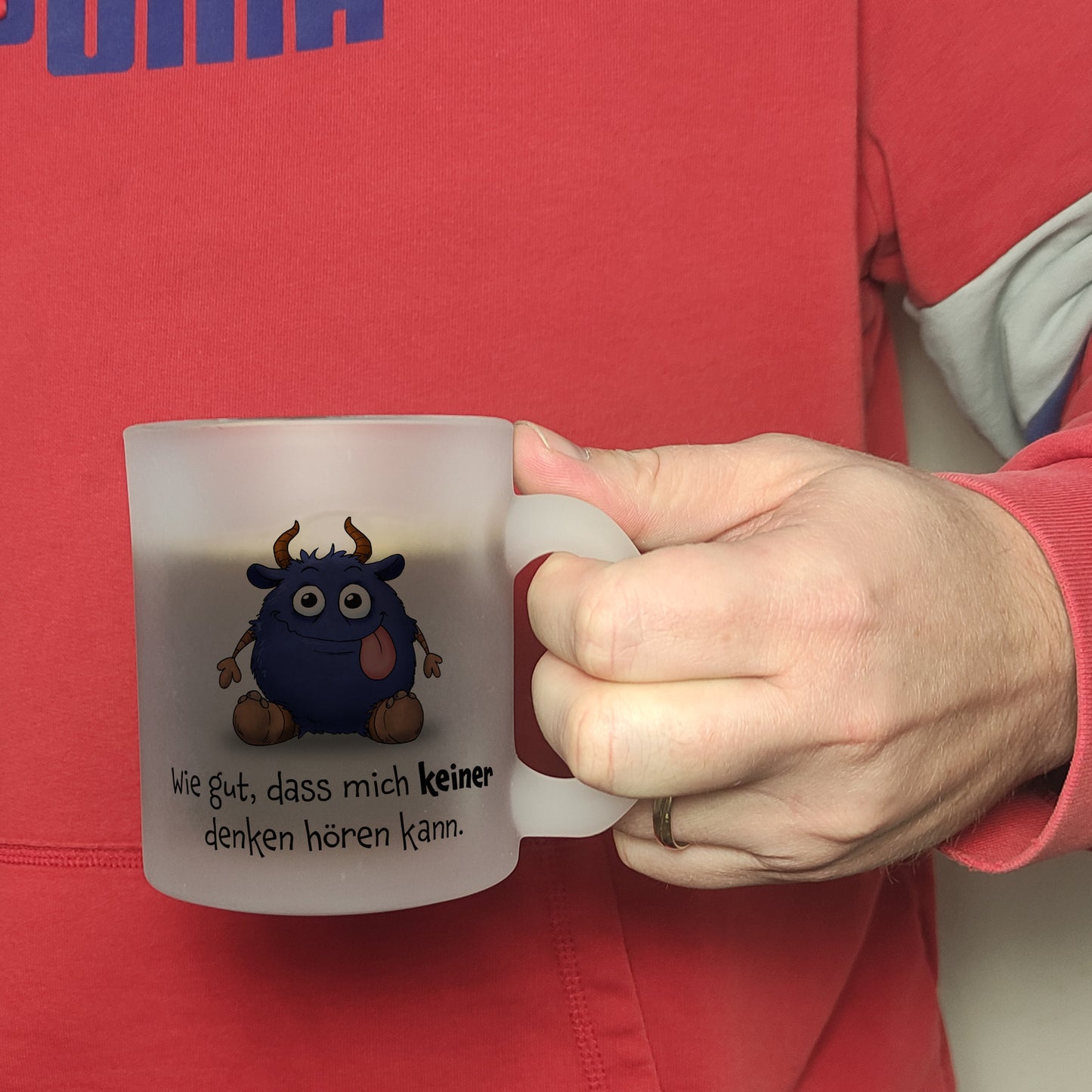 Freches Monster in dunkelblau Glas Tasse mit lustigem Spruch