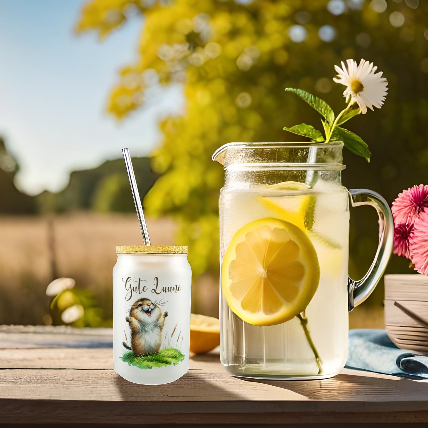 jubelnder Lemming Trinkglas mit Bambusdeckel mit Spruch Gute Laune