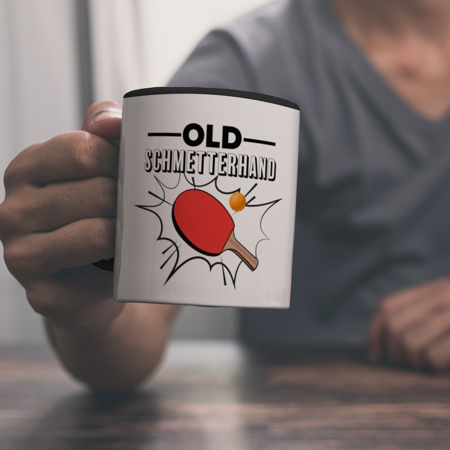 Old Schmetterhand Tischtennis Wortspiel Kaffeebecher Schwarz