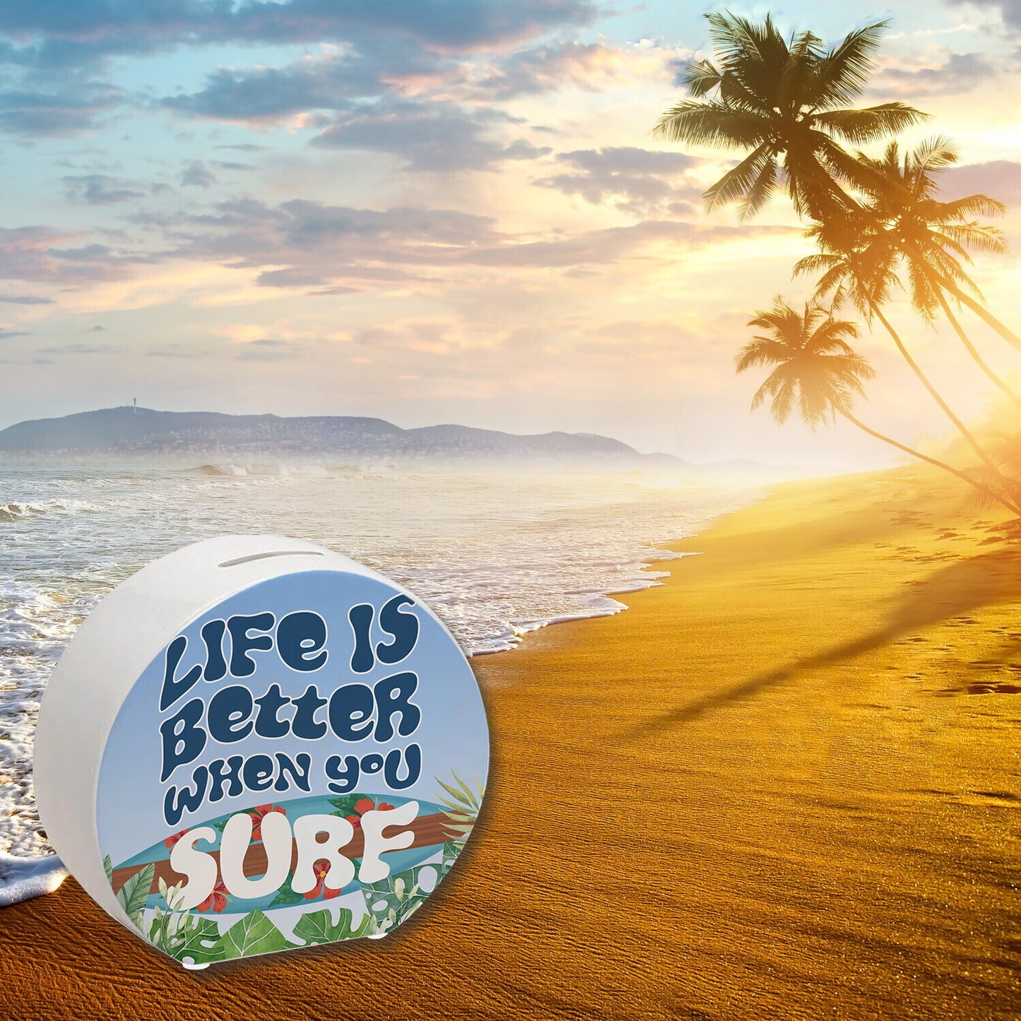 Spardose mit schönem Surfbrett Motiv und Spruch - Life is better when you surf