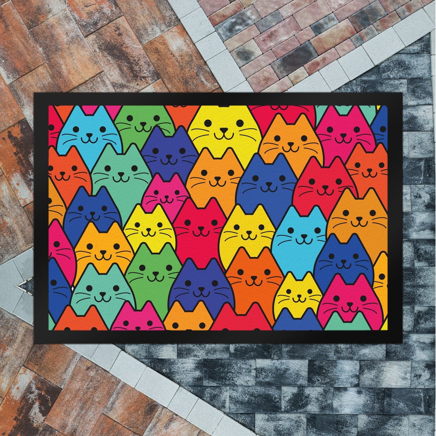 Fußmatte XL in 40x60 cm mit Katzen Motiv - Buntes Wimmelbild mit Comic Kätzchen