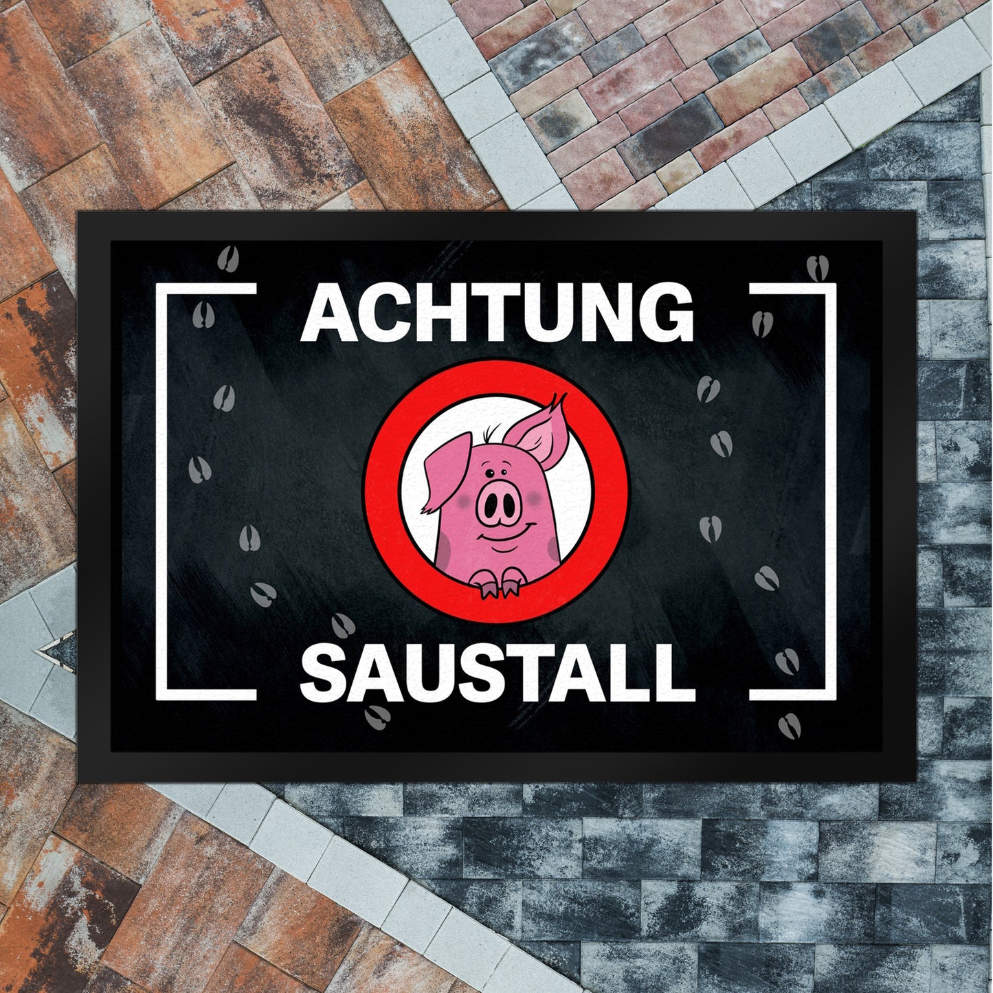 Achtung Saustall Fußmatte XL in 40x60 cm mit niedlichem Comic-Schwein im Warnkreis