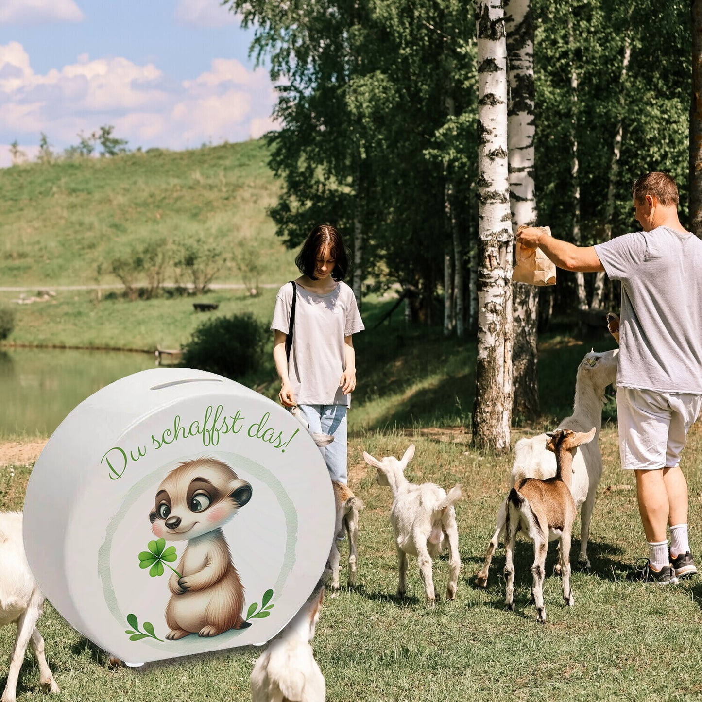 Erdmännchen mit Kleeblatt Spardose mit Spruch Du schaffst das