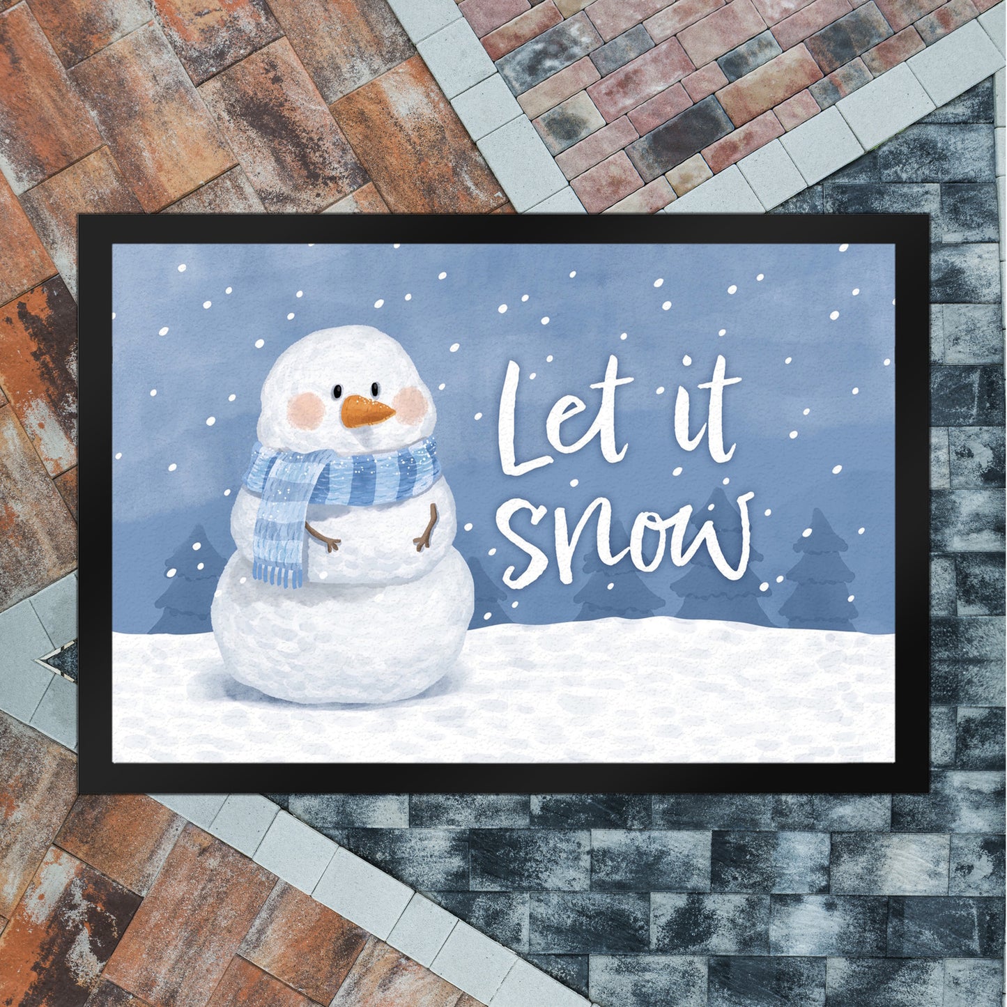 Schneemann im Wintersturm Fußmatte XL in 40x60 cm mit Spruch Let it snow