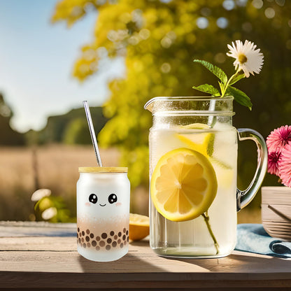 Bubble Tea Trinkglas mit Bambusdeckel in orange