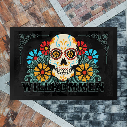 Willkommen Fußmatte XL in 40x60 cm mit Totenkopf und Blumenmotiv