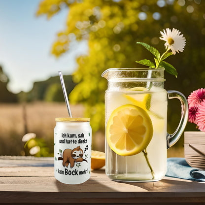 Faultier Trinkglas mit Bambusdeckel mit Spruch Ich kam sah und hatte direkt kein Bock mehr