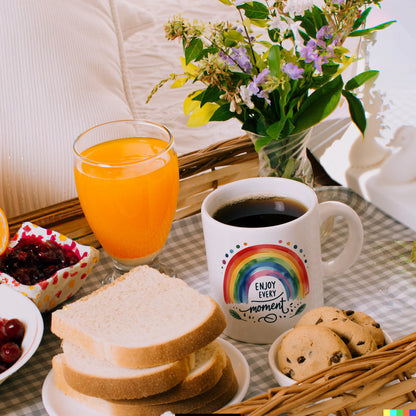 Regenbogen Kaffeebecher mit Spruch Enjoy every moment