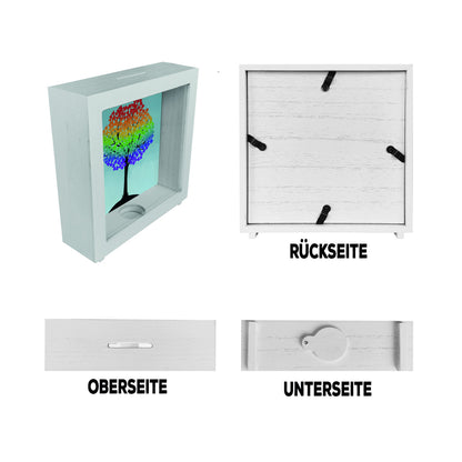 Baum in Regenbogenfarben Rahmen Spardose aus Holz
