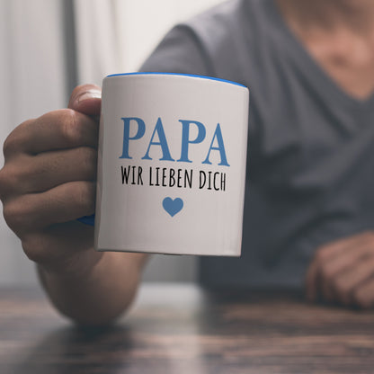 Papa wir lieben dich Kaffeebecher in hellblau in blau mit Herz