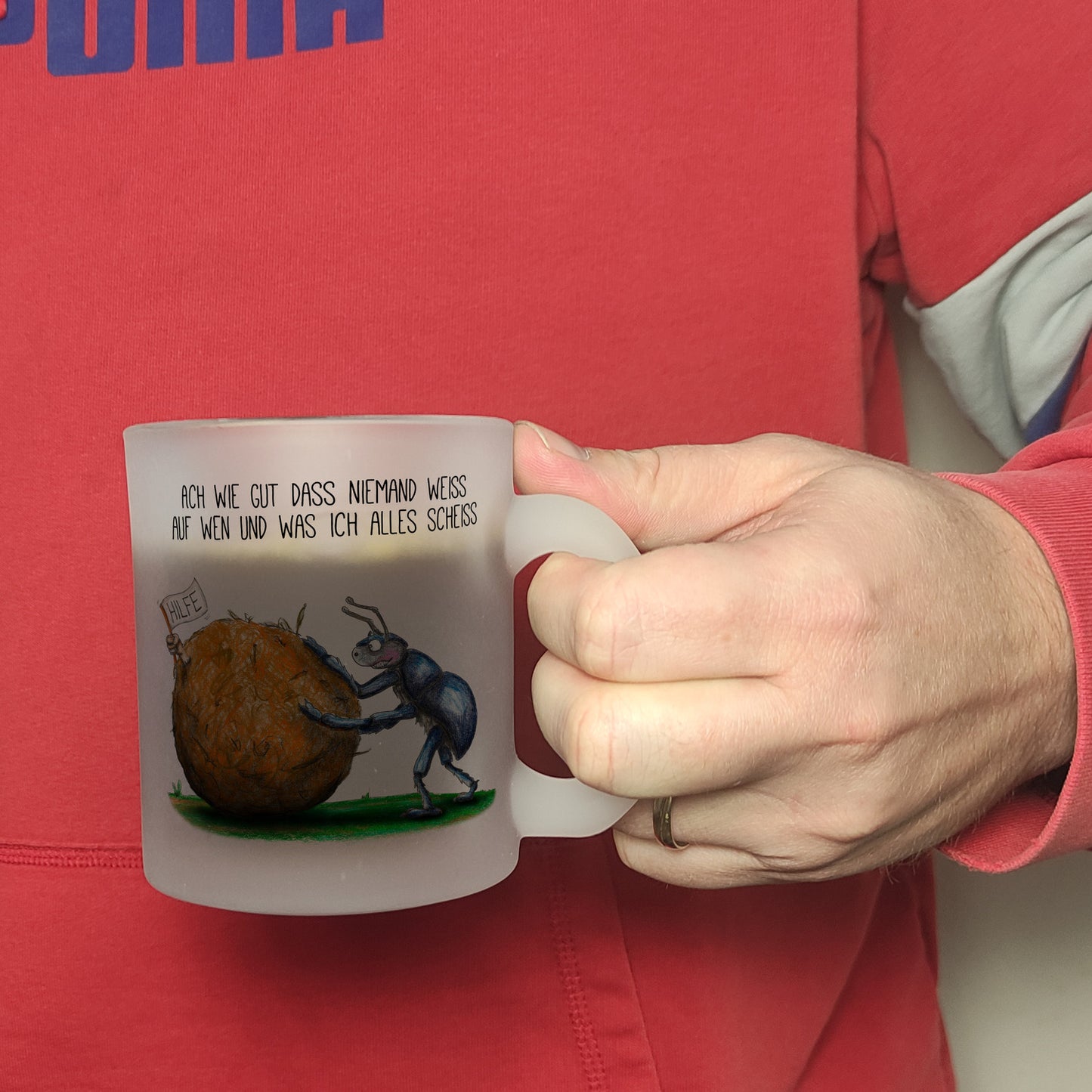 Ach wie gut, dass niemand weiß, auf wen und was ich alles scheiß. Glas Tasse mit Mistkäfer Motiv