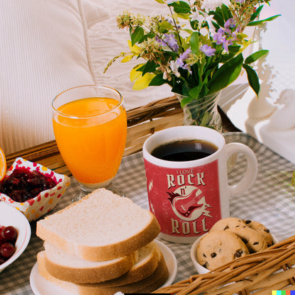 I Love Rock 'n' Roll Kaffeebecher mit Gitarren Motiv