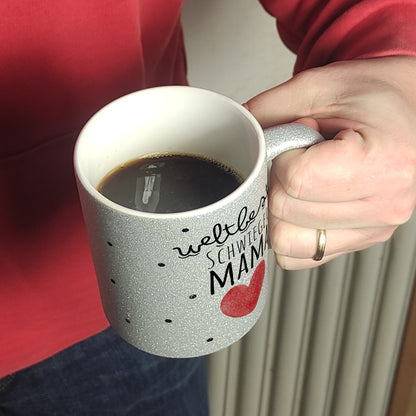 Schwiegermutter Glitzer-Kaffeebecher mit Spruch Weltbeste Schwiegermama