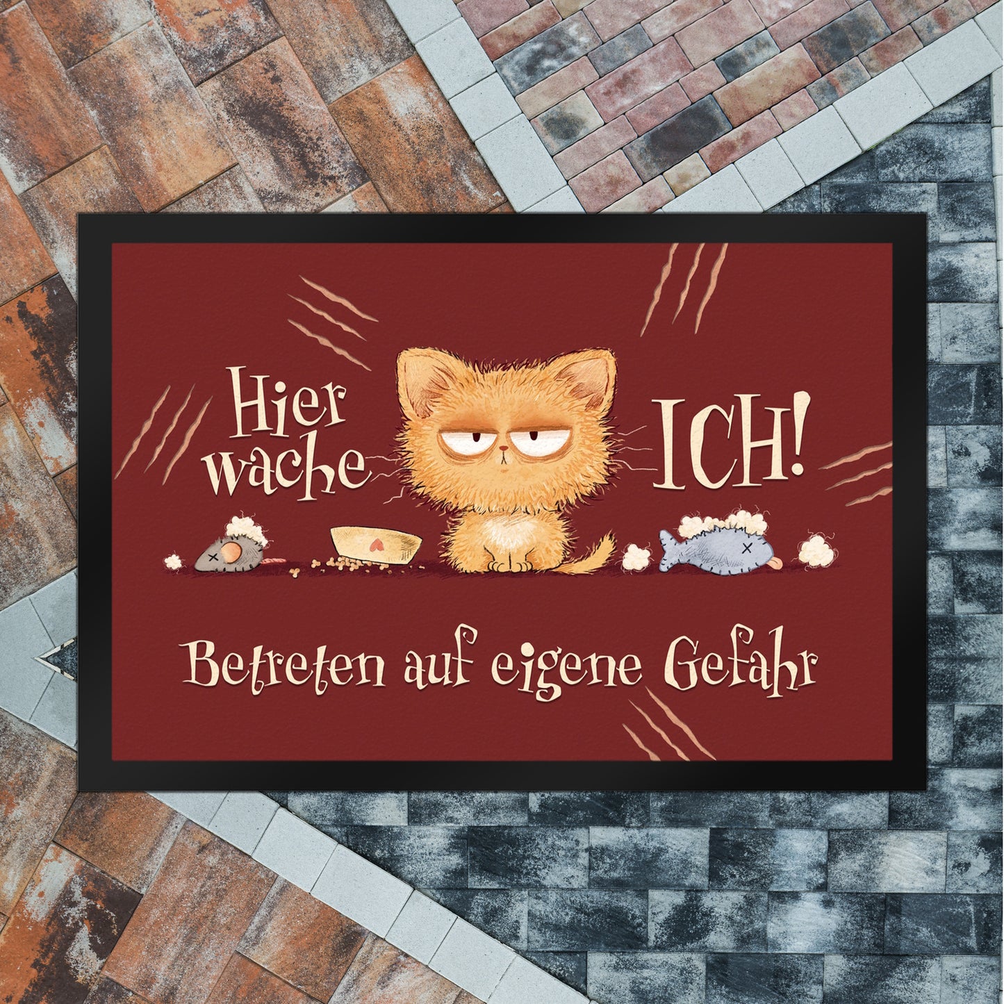 Katze Fußmatte XL in 40x60 cm mit Spruch Hier wache ich Eigene Gefahr