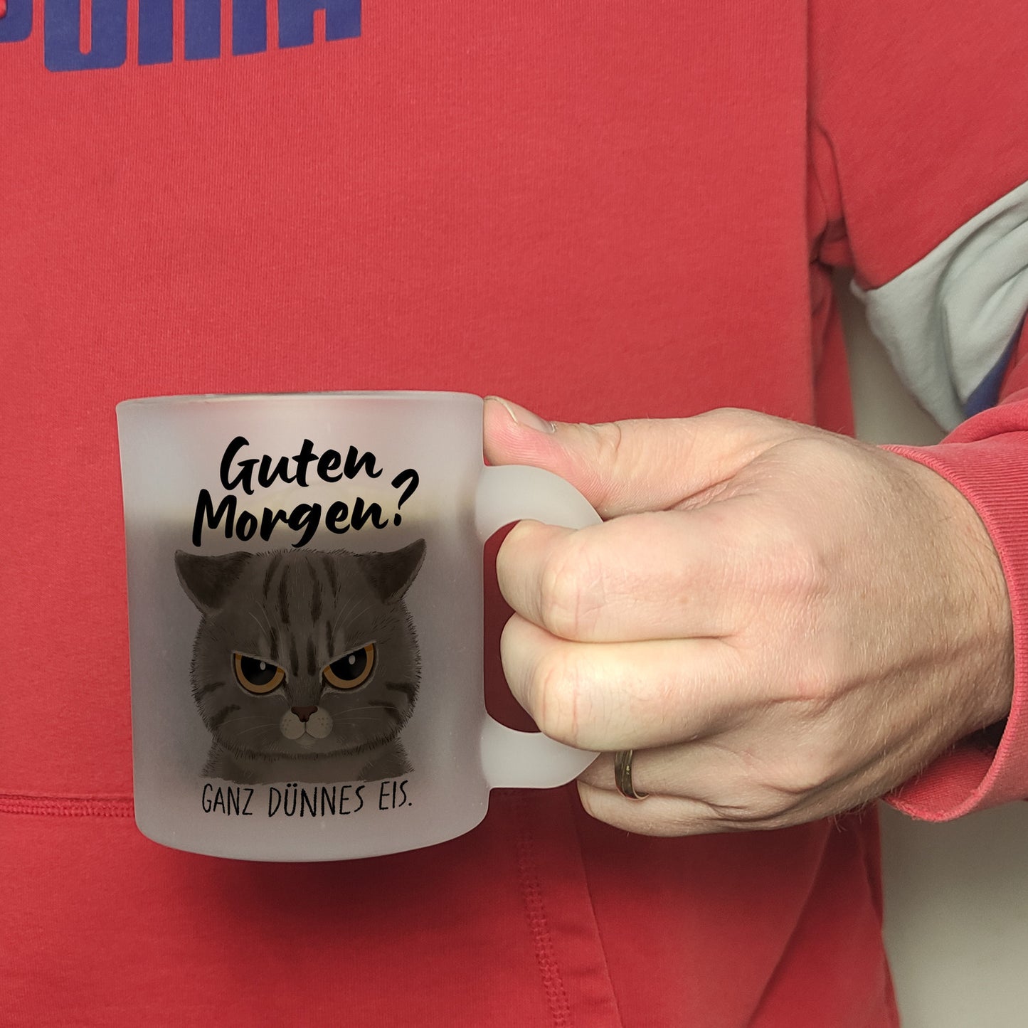 Morgenmuffel Katze Glas Tasse mit Spruch Guten Morgen - Ganz dünnes Eis