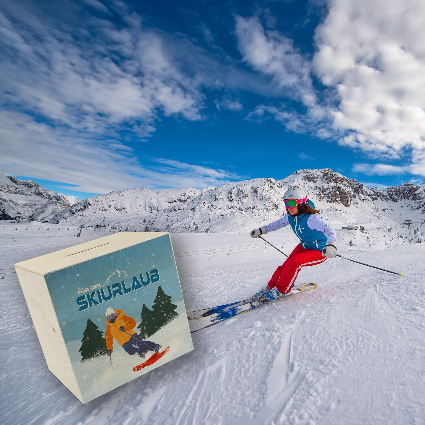 Für den Skiurlaub Spardose aus Holz mit coolem Skifahrer