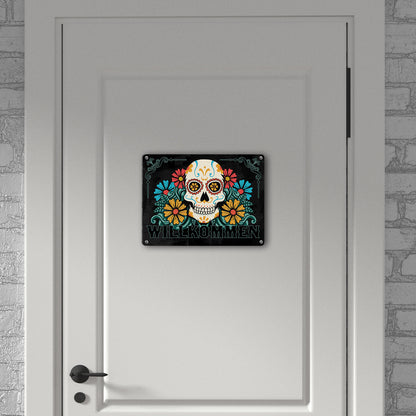 Willkommen Metallschild in 15x20 cm mit Totenkopf und Blumenmotiv