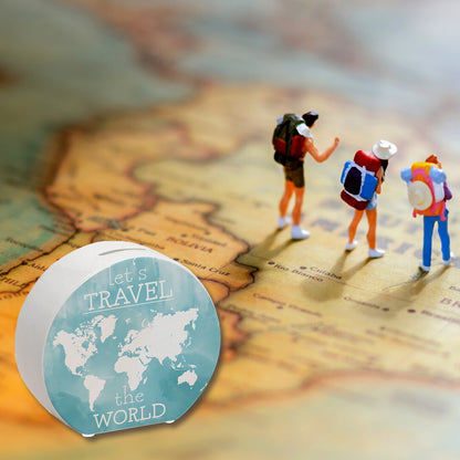 Spardose mit Weltkarten Motiv und Text - let's travel the world in Blau