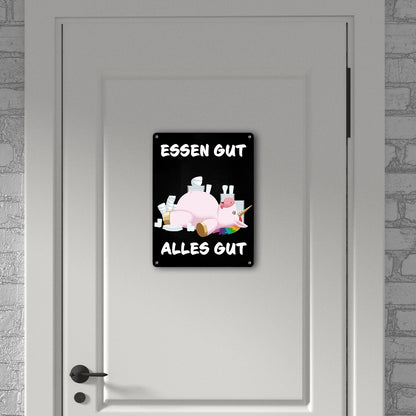 Essen gut alles gut witziges Metallschild XL in 21x28 cm mit dickem Einhorn