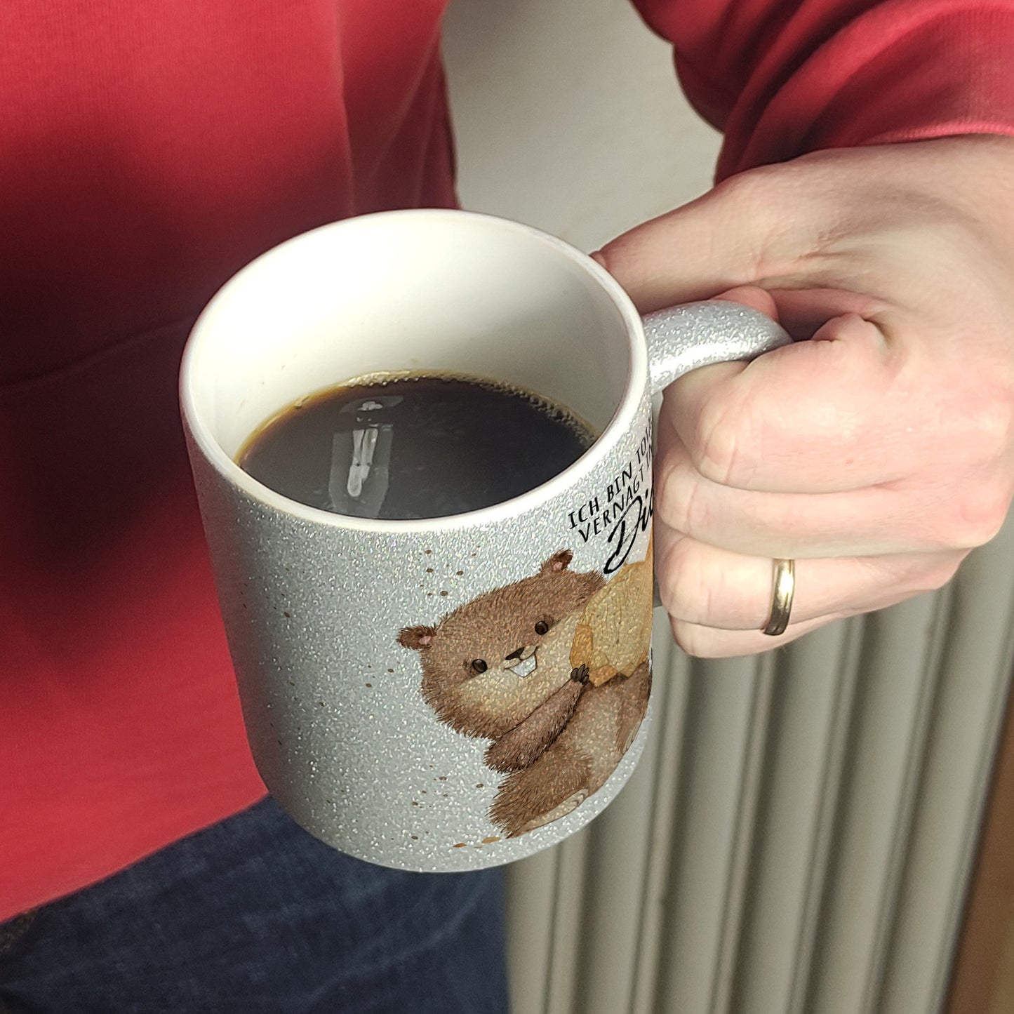 Biber Glitzer-Kaffeebecher mit Spruch Ich bin total vernagt in dich