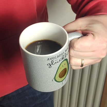 Niedliche Avocado Glitzer-Kaffeebecher mit Spruch Avocados machen glücklich