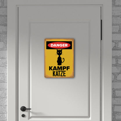 Danger Kampf Katze Metallschild XL in 21x28 cm mit Katzen Silhouette