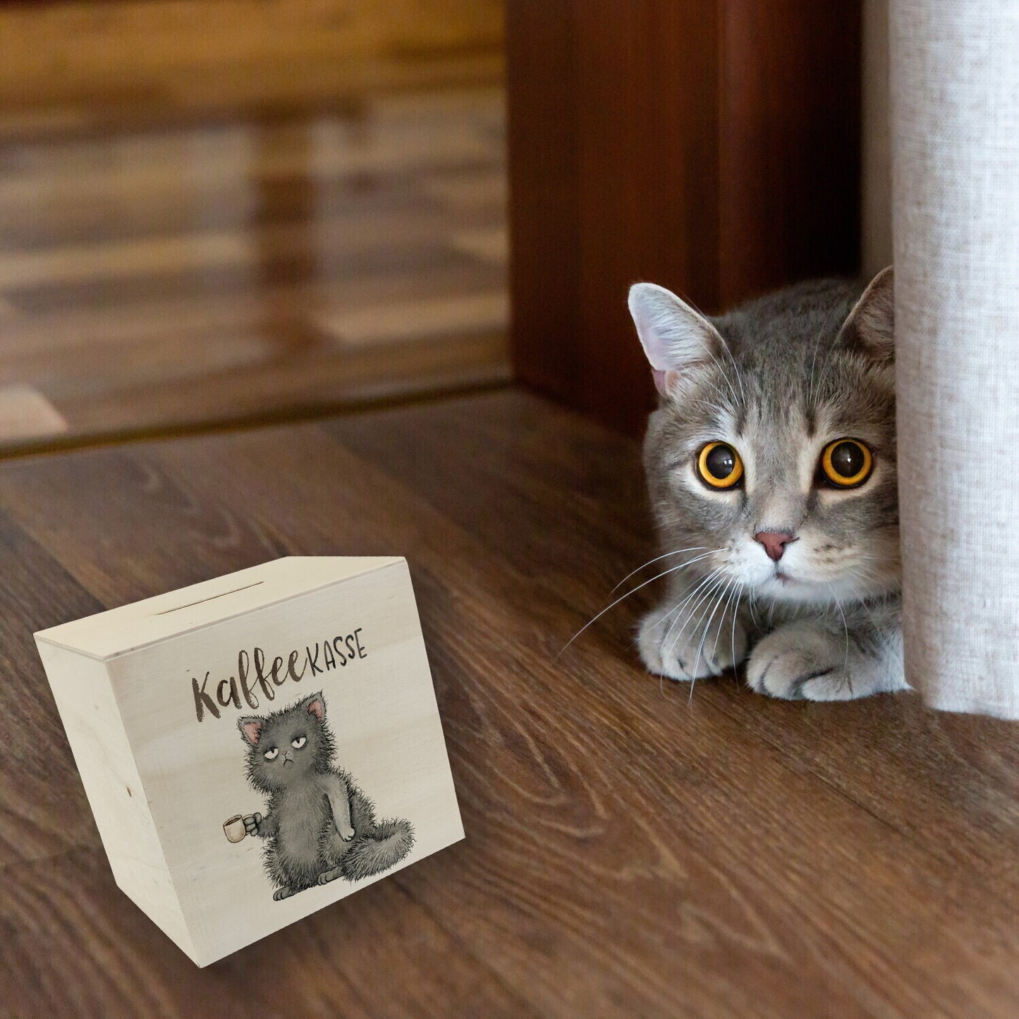 Katze mit Tasse Spardose aus Holz mit Spruch Kaffeekasse