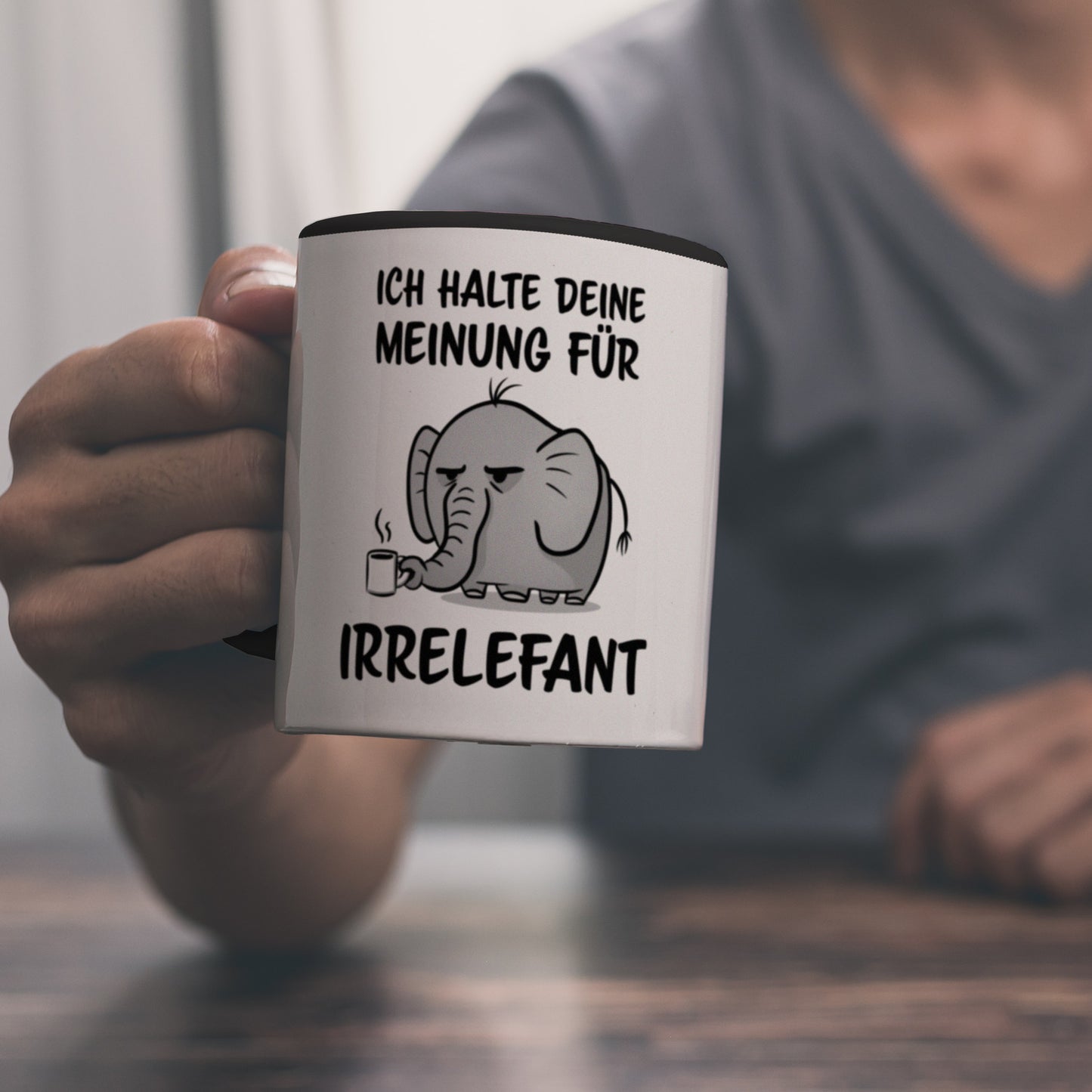 Ich halte deine Meinung für Irrelefant Kaffeebecher Schwarz mit witzigem Elefanten