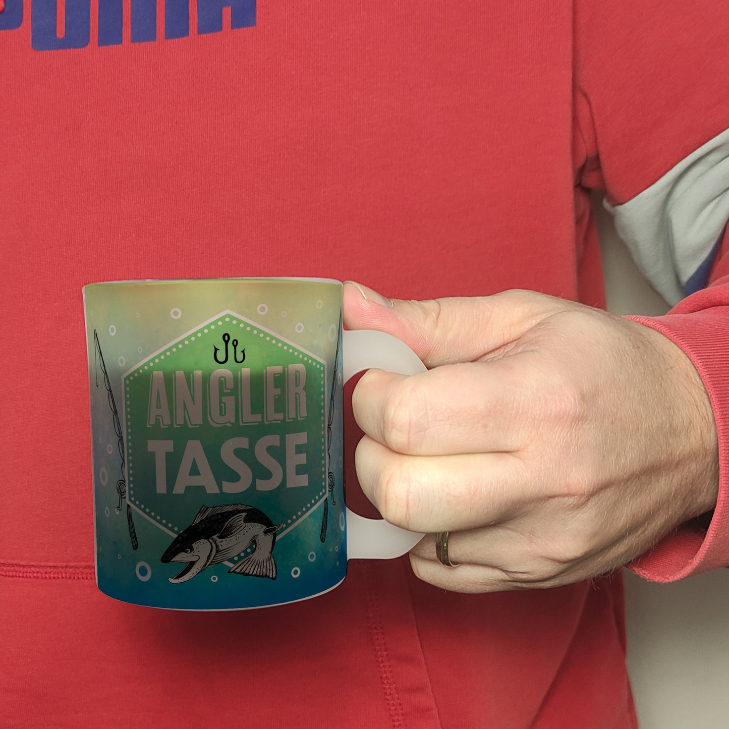 Angler Becher Glas Tasse mit Fisch und Angel Motiv