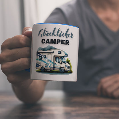 Wohnmobil Kaffeebecher in hellblau mit Spruch Glücklicher Camper